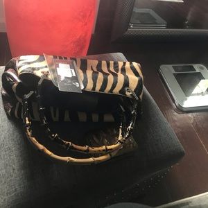 Leather handbag with bamboo handles